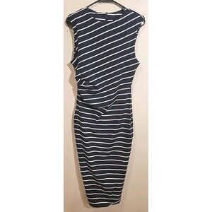 Asymmetrical Cinched Dress, Size XL, Navy Blue & White Stripe, Pretty Garden